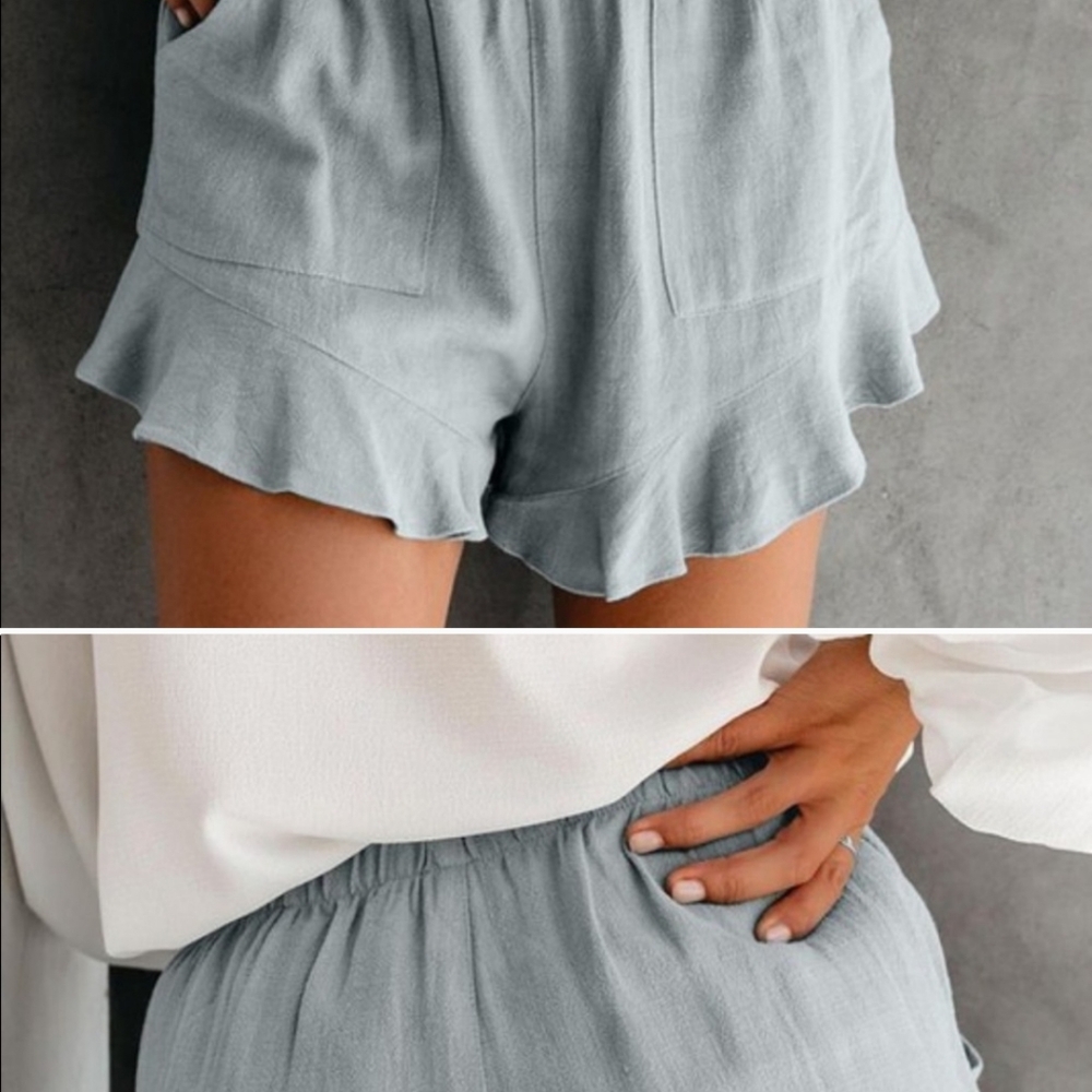 Light Blue Summer Ruffled Linen Shorts - Picture 3 of 3